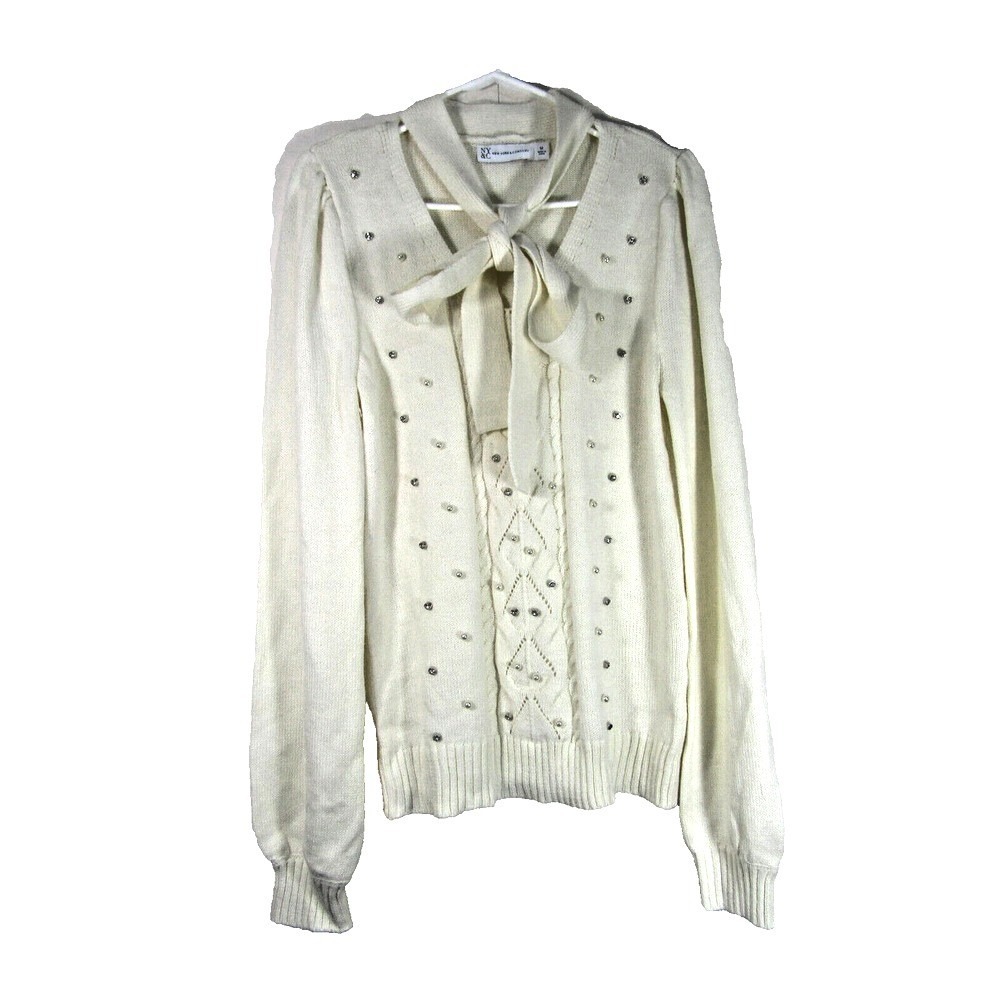 New York & Co Sweater Womens Medium Cream Rhinestone Pearl Minimalist Neutral